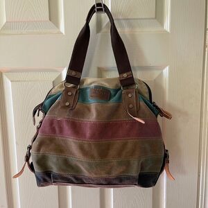 MANJIANGHONG  canvas Autumn color shoulder bag embellished with leather …